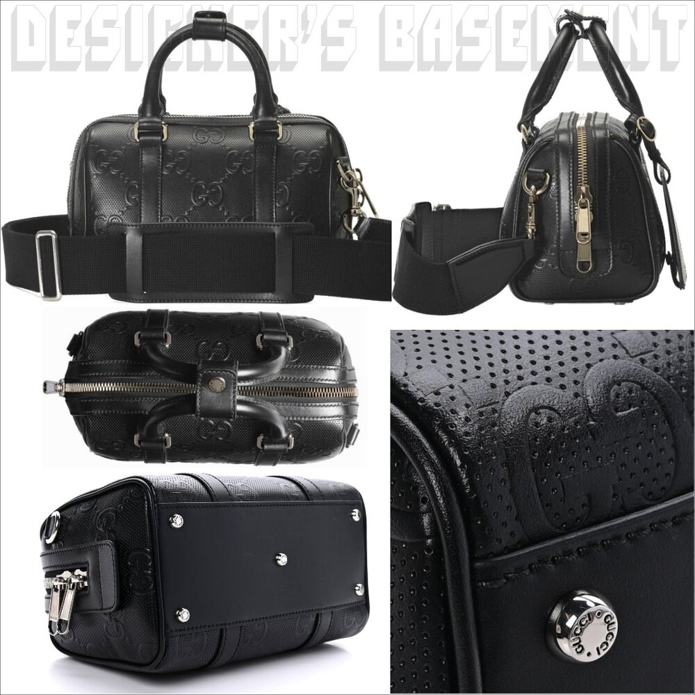 GUCCI blck Calfskin TENNIS perforated GG Embossd Mini Duffle BOSTON strap Bag ๐ - Picture 5 of 10